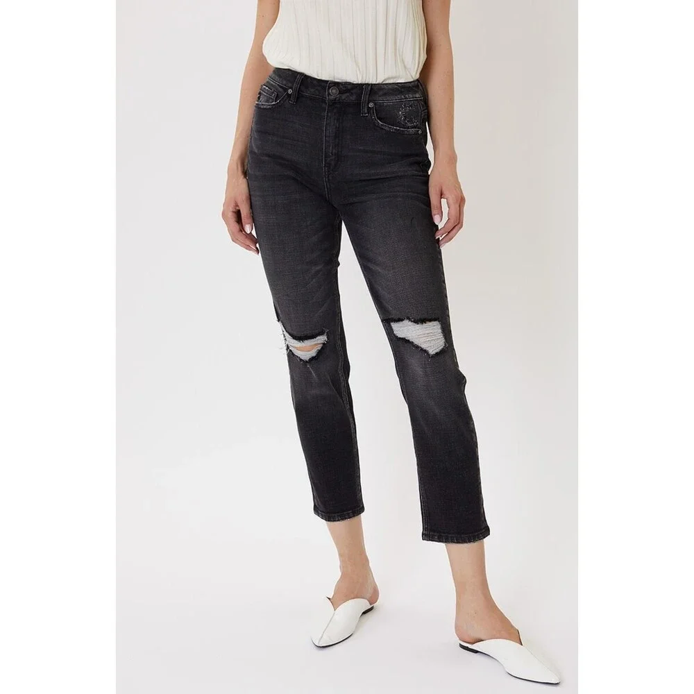 KANCAN Graphite Black High Rise Distressed Mom Jeans Size 26